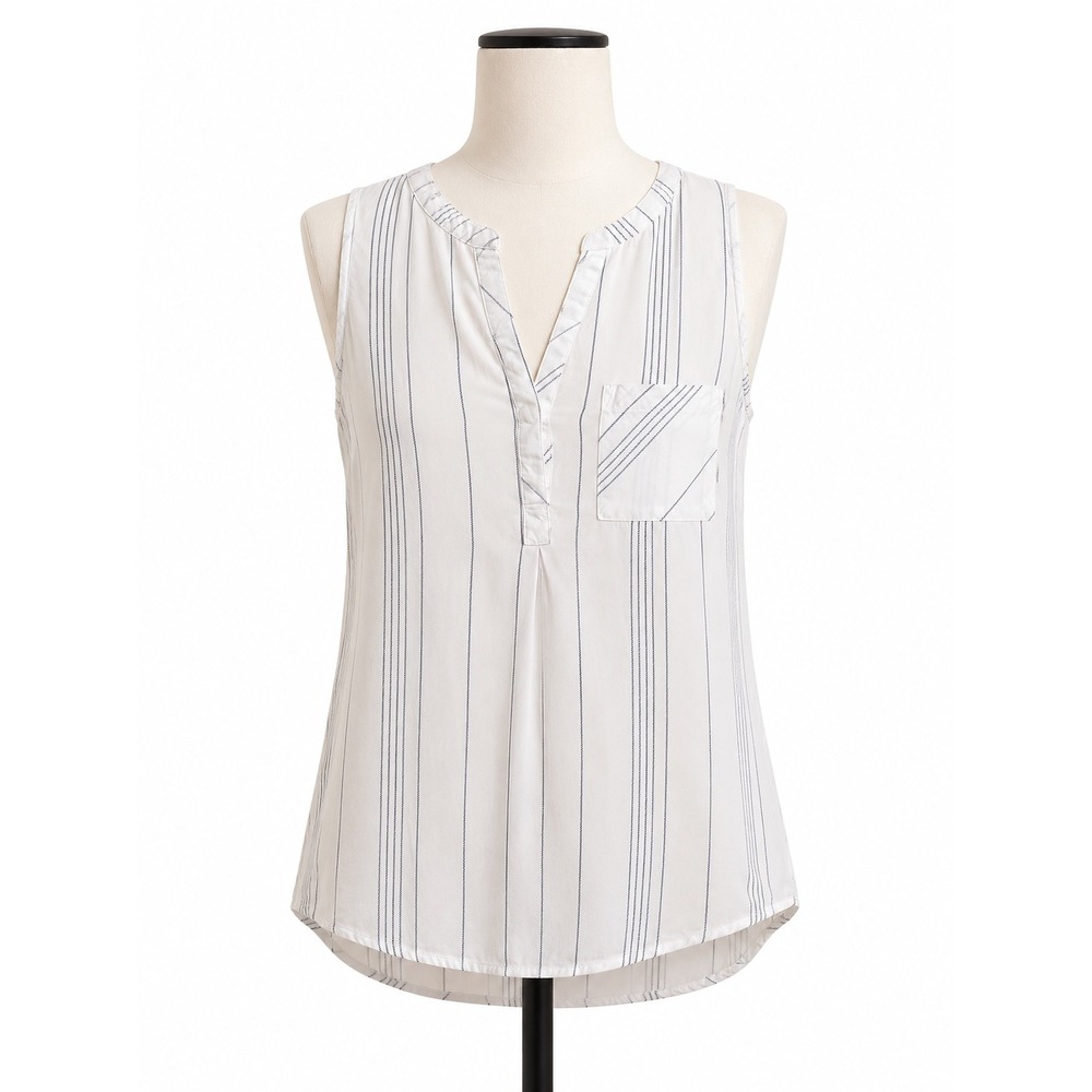 Studio Petite JPR Womens PM‎ White Navy Striped Sleeveless Split Neck Blouse Top